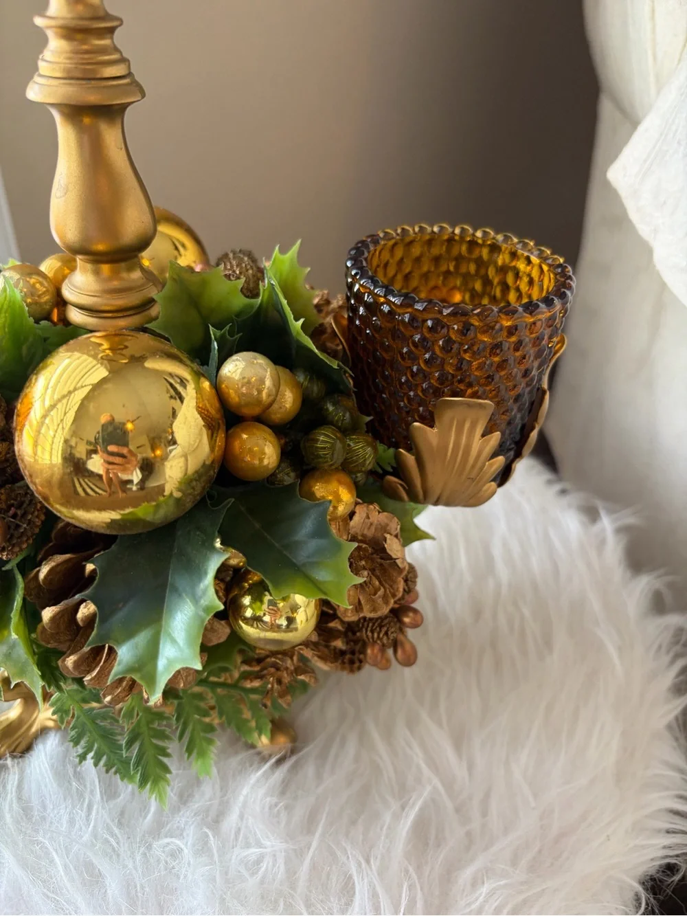 Vintage Gold Holiday Centerpiece with Amber Glass Candleholders